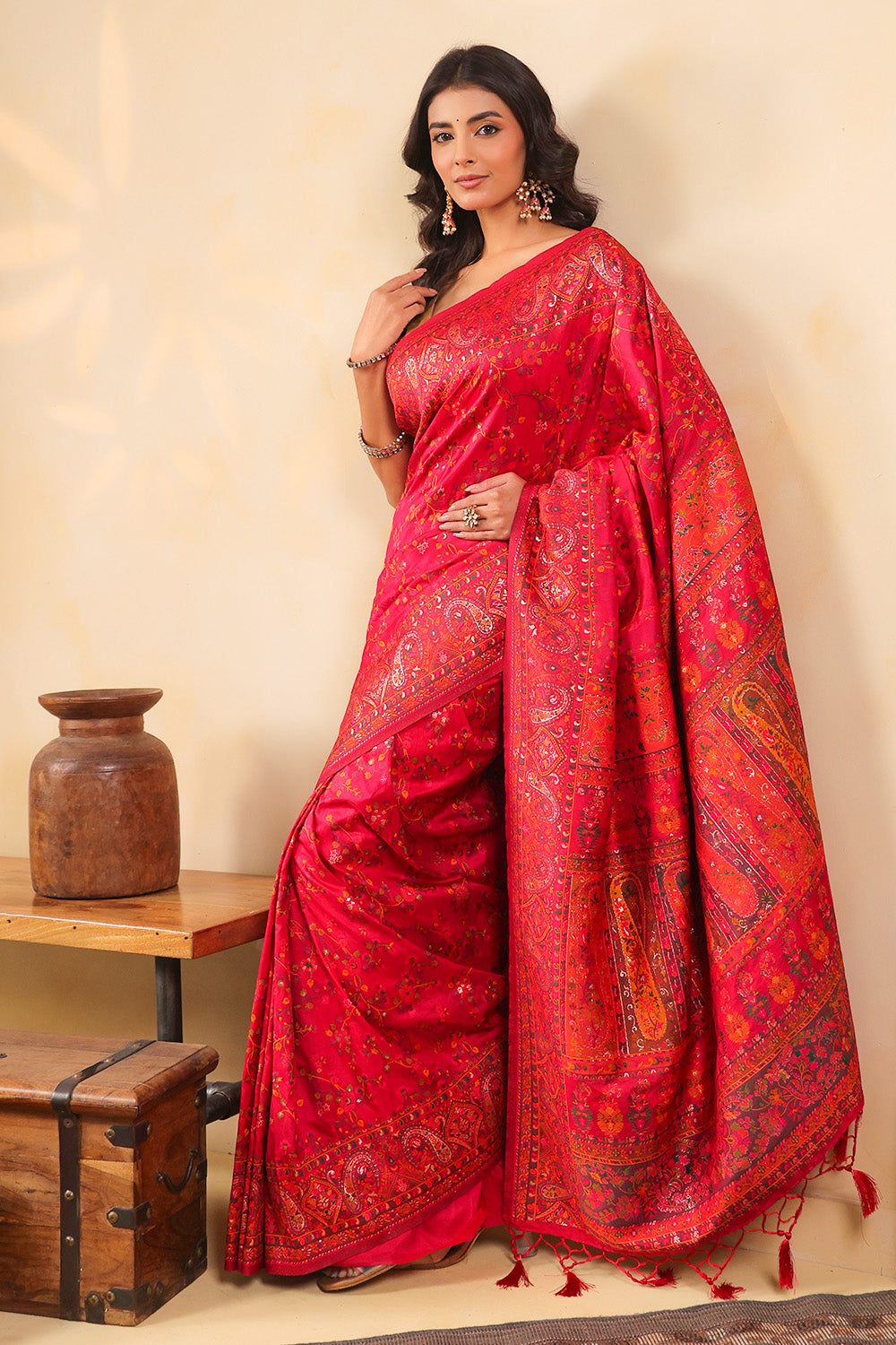 Cherry Red South Silk Zari And Resham Woven Saree