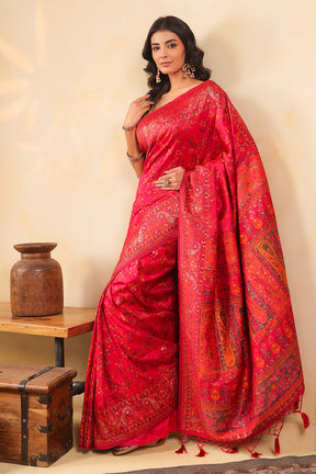 Cherry Red South Silk Zari And Resham Woven Saree