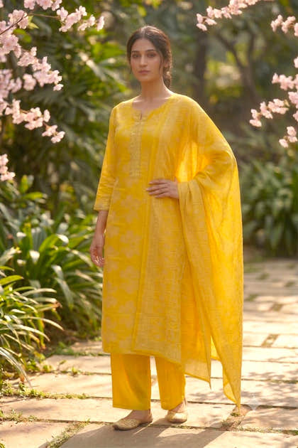 Mustard Muslin Printed Straight Suit