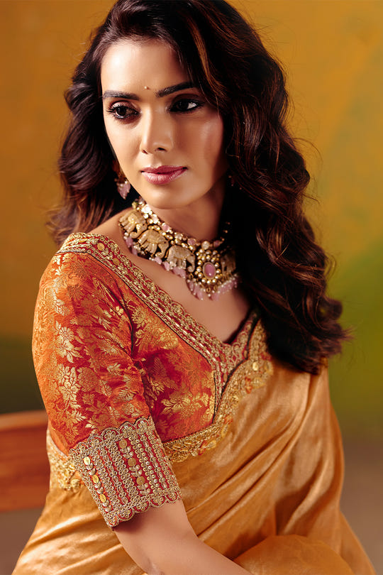 Golden Tissue Silk Border Embroidered Saree With Banarsi Woven Readymade Blouse