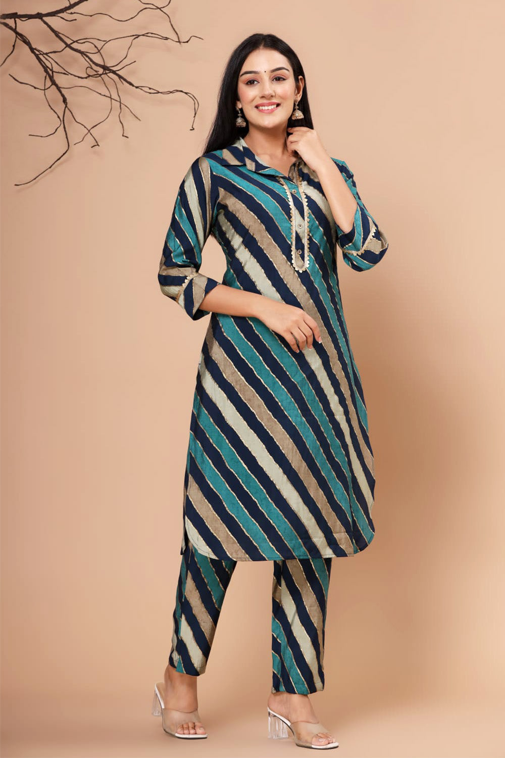 Teal & Navy Color Muslin  Printed Kurta Set