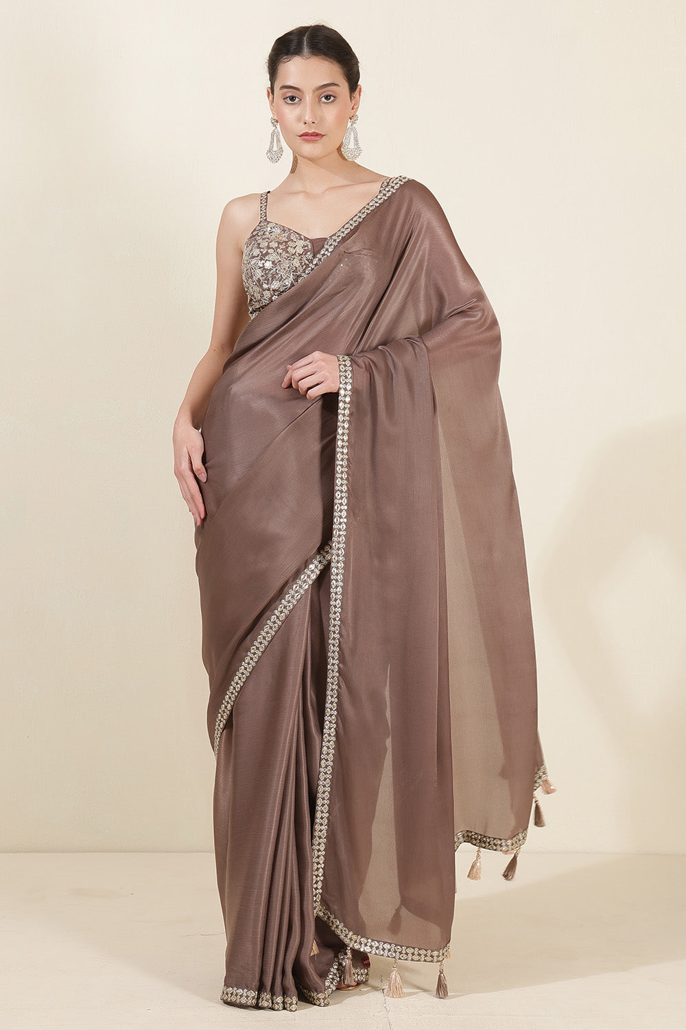 Pastel Brown Color Crepe Silk Sequins &amp; Zari Embroidered Saree with Readymade Blouse