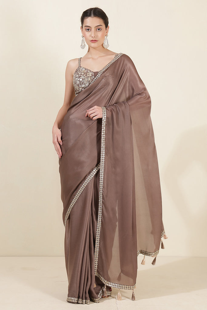 Pastel Brown Color Crepe Silk Sequins &amp; Zari Embroidered Saree with Readymade Blouse