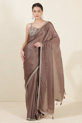 Pastel Brown Color Crepe Silk Sequins &amp; Zari Embroidered Saree with Readymade Blouse