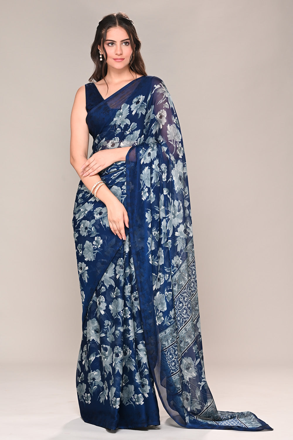 Navy Color Floral Printed Chiffon Saree
