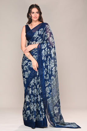Navy Color Floral Printed Chiffon Saree