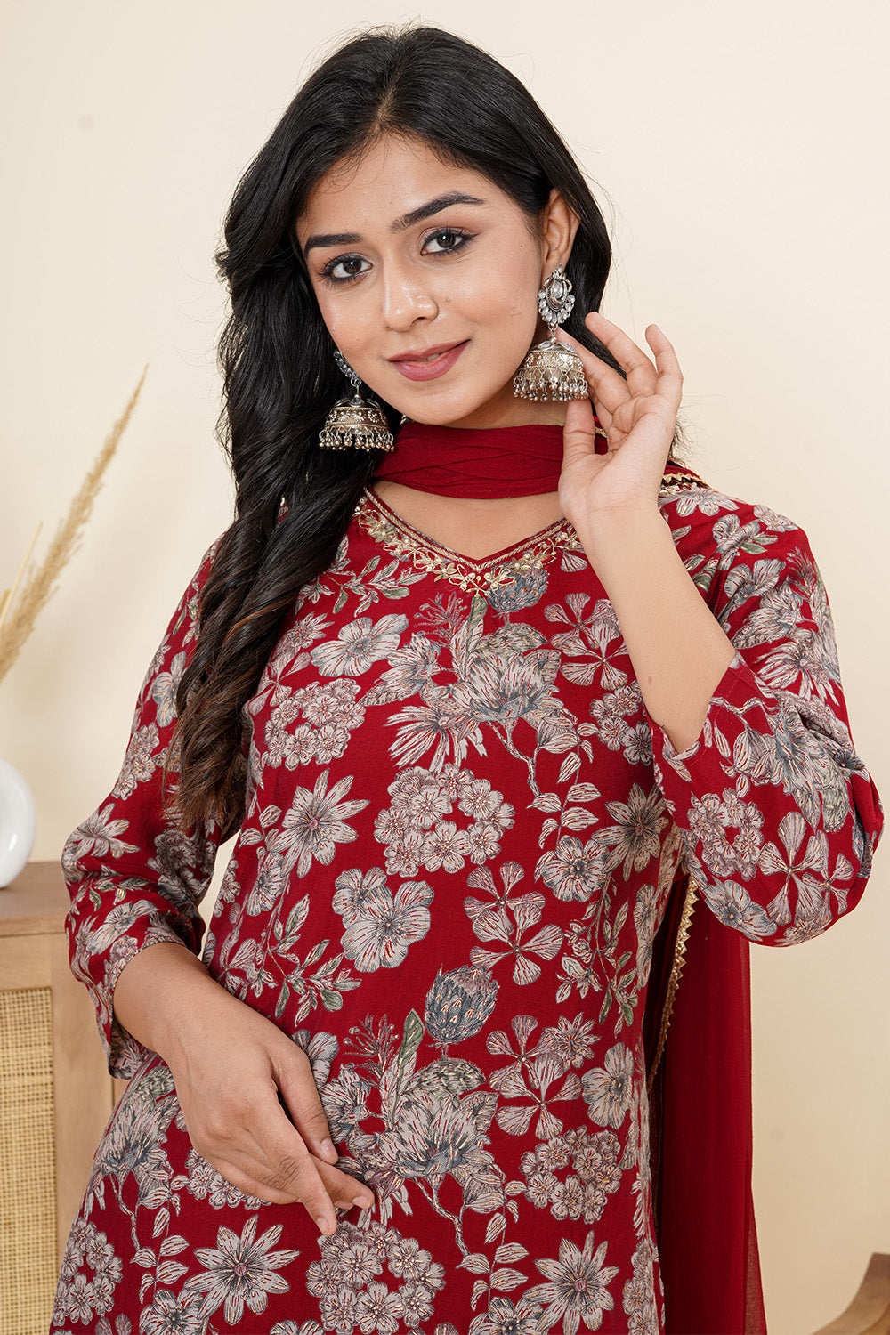 Maroon Color Printed & Neck Embroidered Muslin Suit