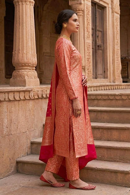 Cherry Red Banarsi Silk Woven Unstitched Suit Material