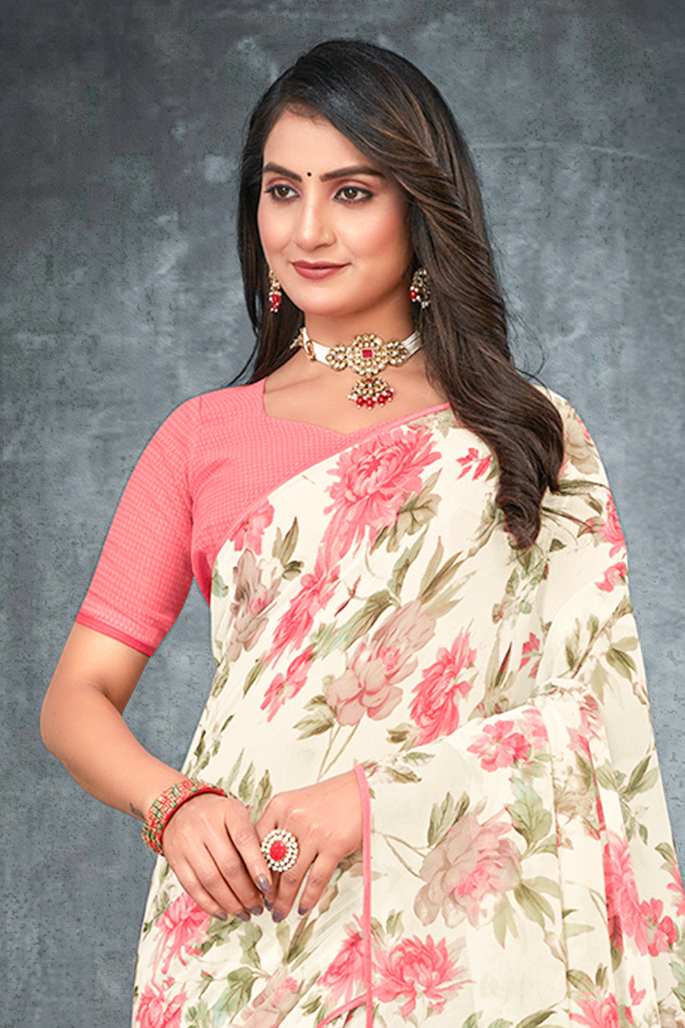 Cream Color Floral Printed Georgette Saree