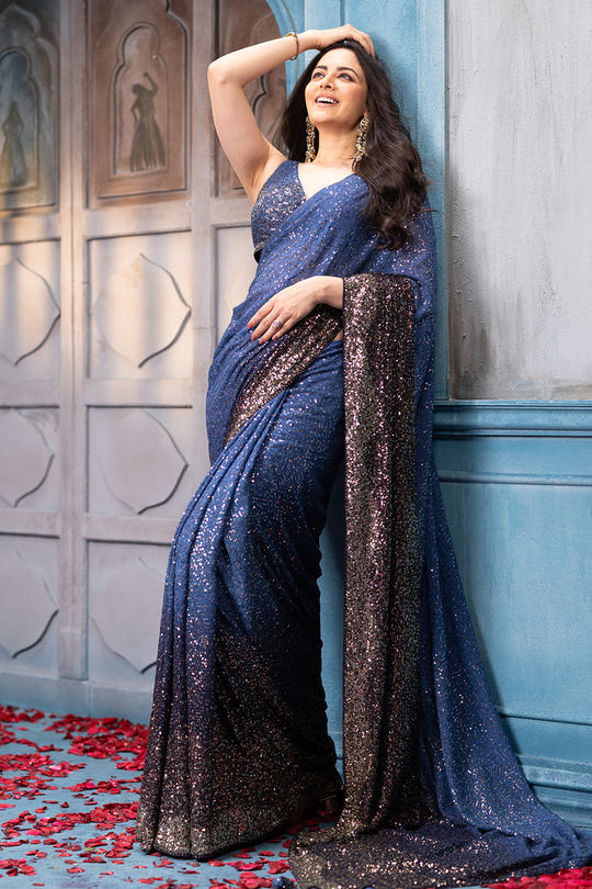 Blue & Navy Ombre Sequins Embroidered Georgette Saree