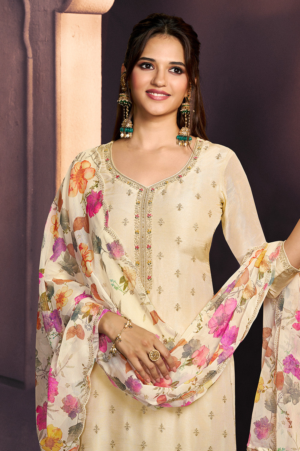 Cream Embroidered Suit Set