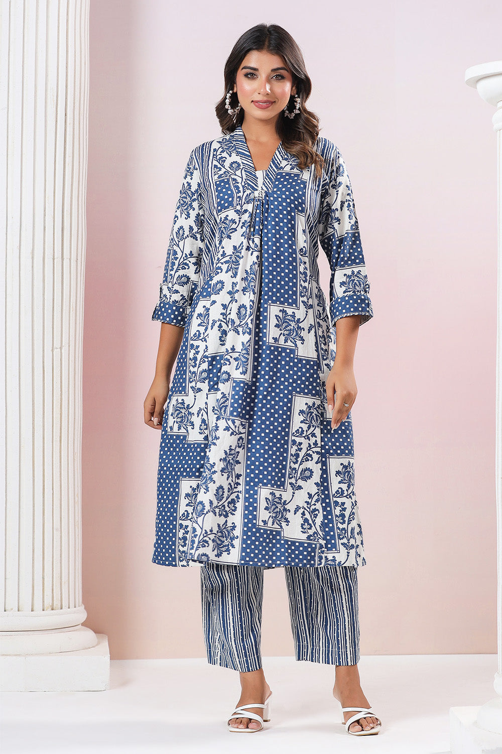 Blue & Cream Color Cotton Printed Long Kurta Set