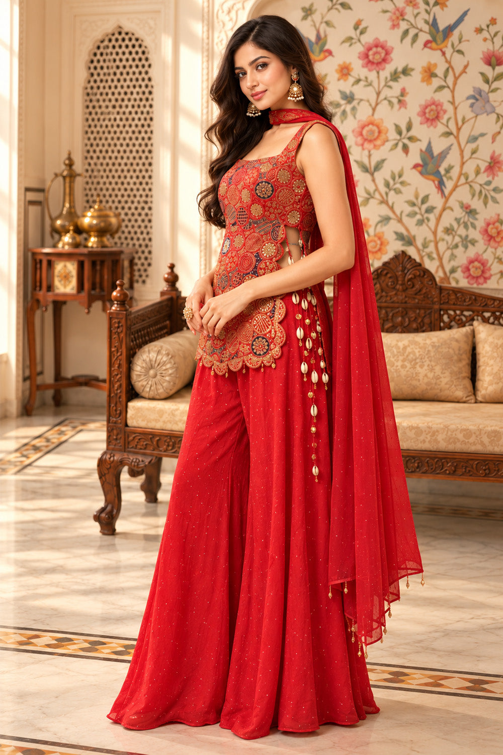 Rust Silk Embroidered Choli With Mukaish Work Georgette Sharara Set