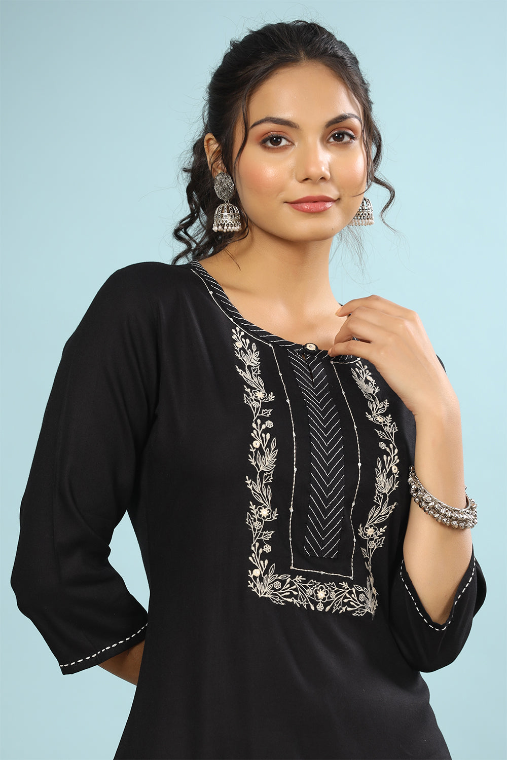 Black Color Cotton Embroidery Kurta