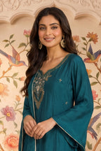 Teal Neck-Embroidered Silk Straight Suit