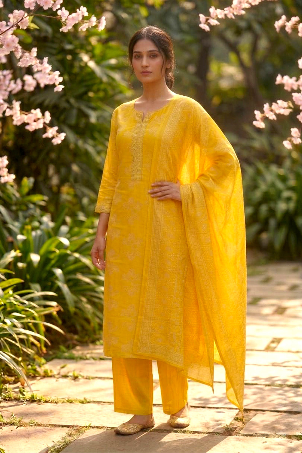 Mustard Muslin Printed Straight Suit