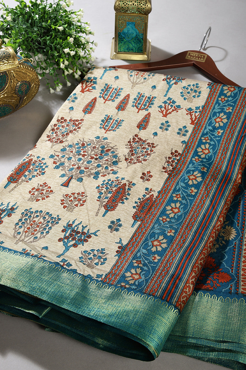 Beige & Blue Color Tree-Like Structures Printed Tussar Silk Saree