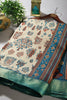 Beige & Blue Color Tree-Like Structures Printed Tussar Silk Saree