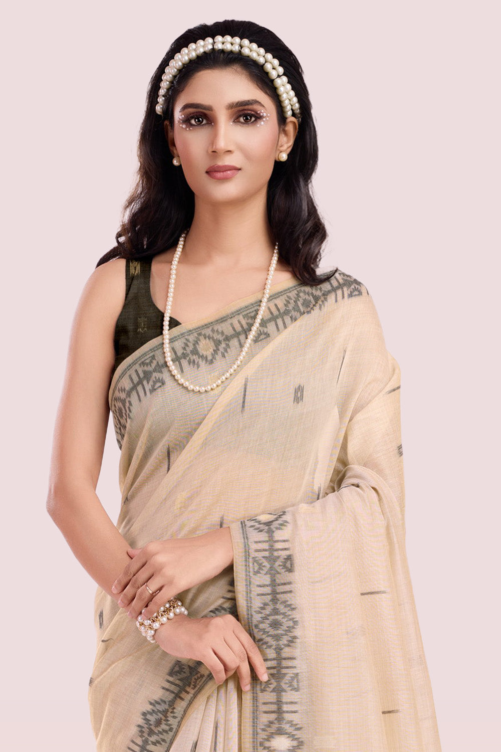 Cream & Black Colour Resham Woven Cotton Saree
