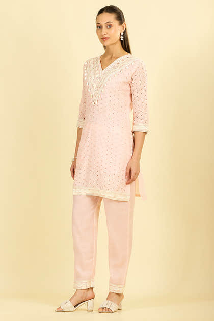 Pink Cotton Hacoba Style Neck-Embroidered Kurta Set