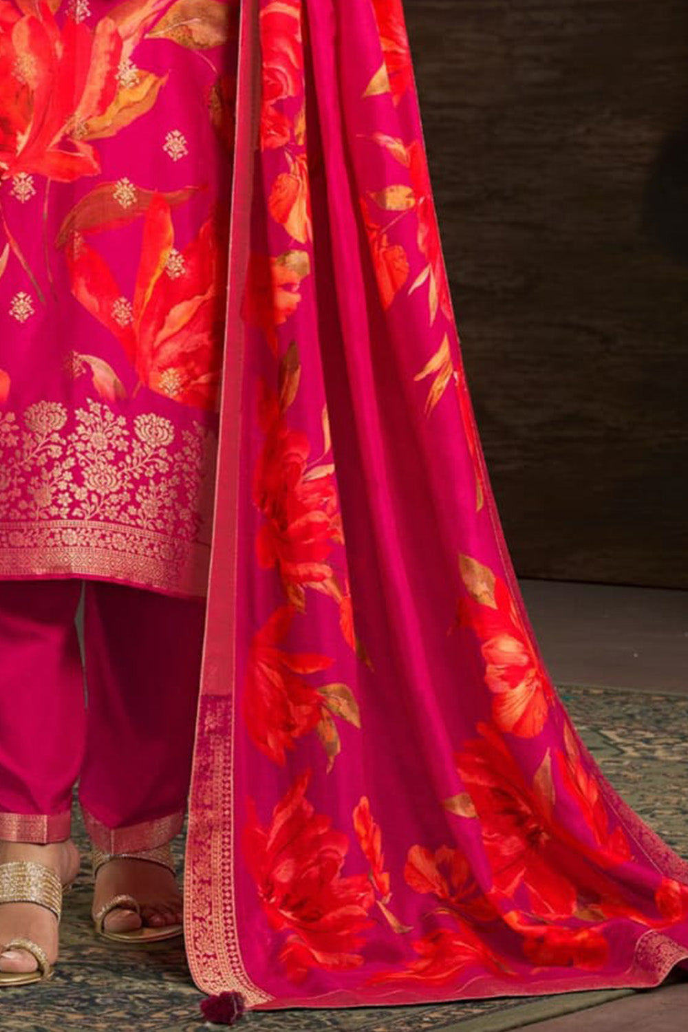 Rani Color Silk Floral Printed & Zari Woven Suit Set