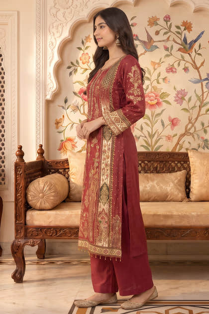 Maroon Crepe Silk Printed And Handwork Suit