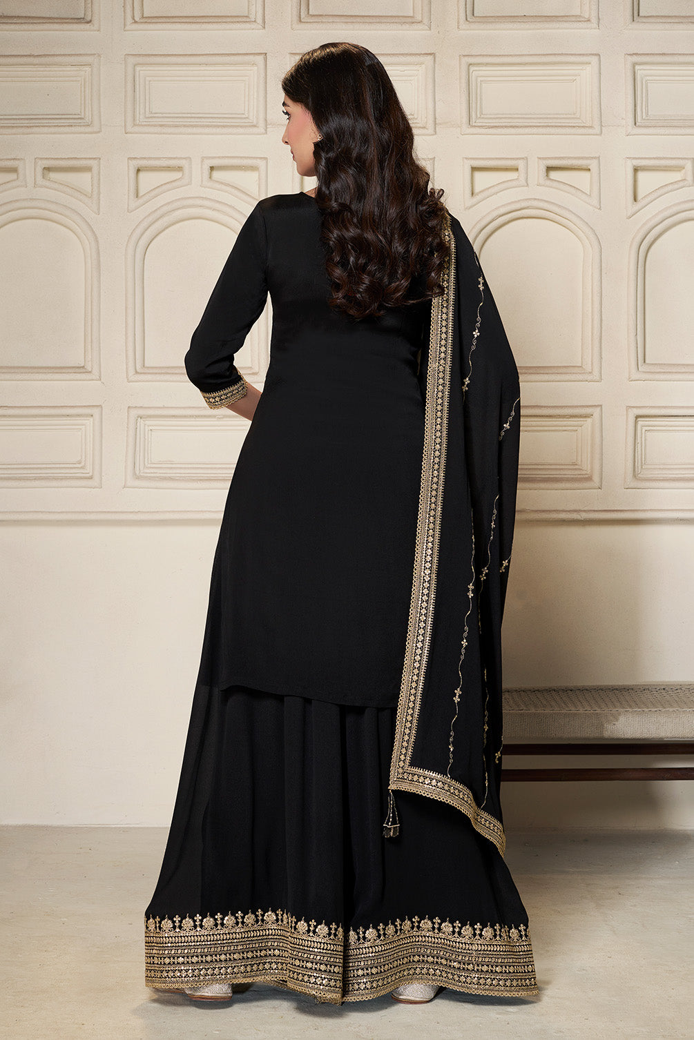 Black Crepe Silk Zari Embroidered Suit With Embroidered Palazzo