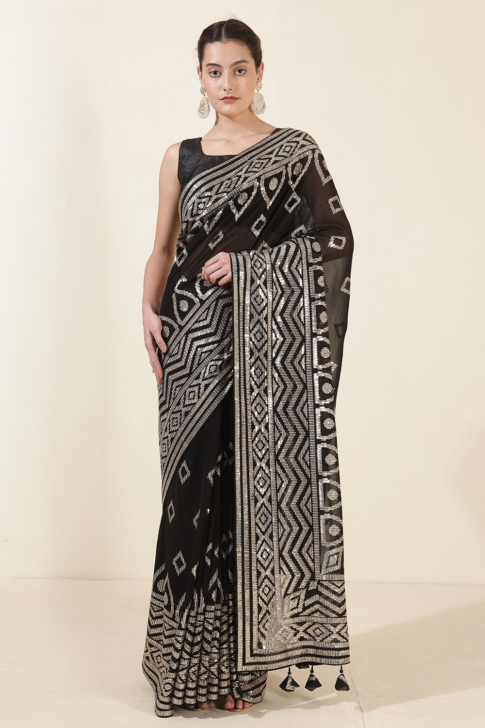 Black Color Georgette Sequins & Zari Embroidered Saree