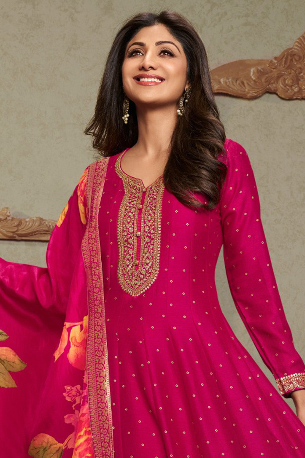 Fuchsia Pink Color Silk Embroidered Anarkali Kurti
