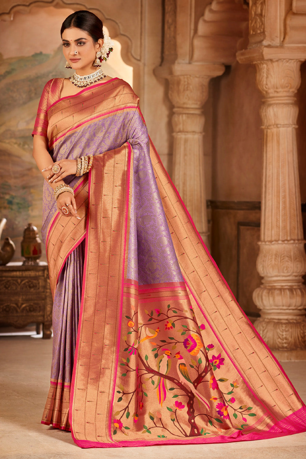 Lavender Color Paithani Woven Silk Saree