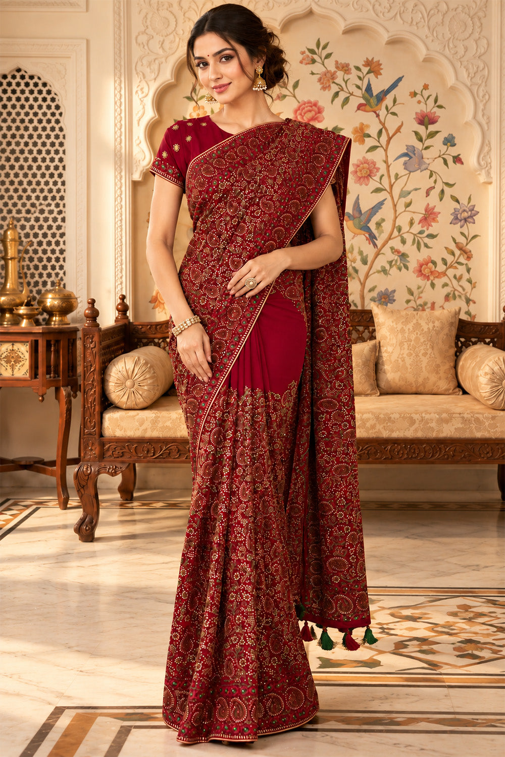 Maroon Heavy Embroidered Georgette Saree