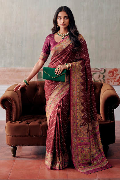 Maroon Soft Silk Kalamkari Woven Saree