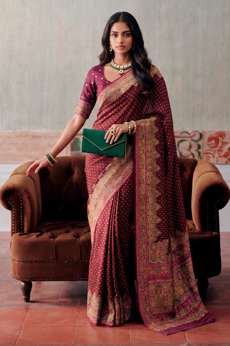 Maroon Soft Silk Kalamkari Woven Saree