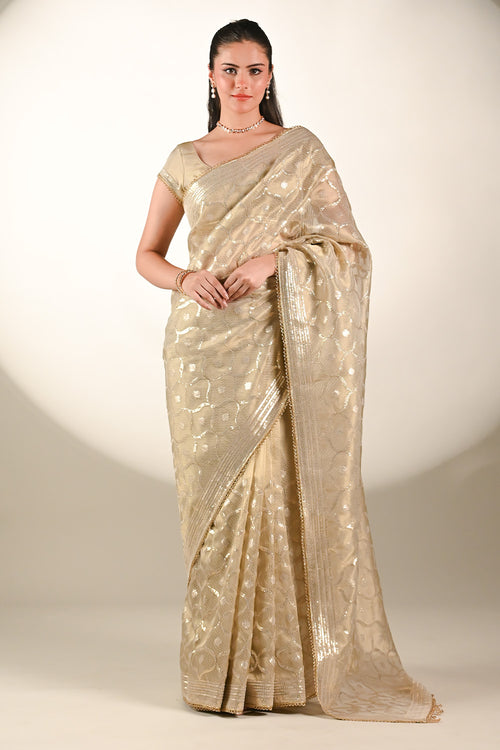 Beige Color Tissue Silk Resham & Sequins Embroidered Saree