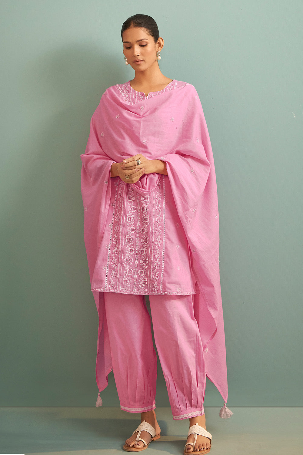 Baby Pink Color Cotton Resham Embroidered Suit