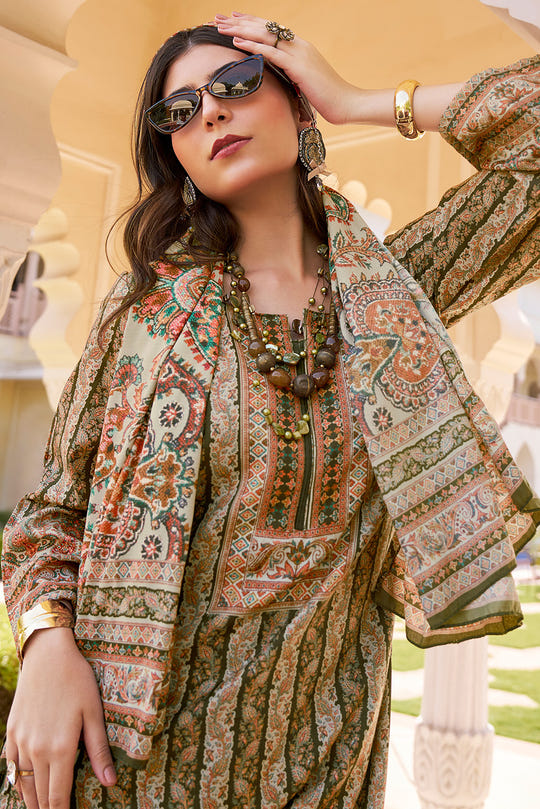 Beige & Green Spun Mughal-Inspired Paisley Printed Unstitched Suits Material