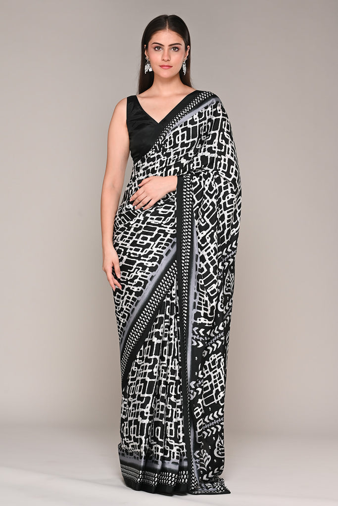 Black & White Color Crepe Printed Saree
