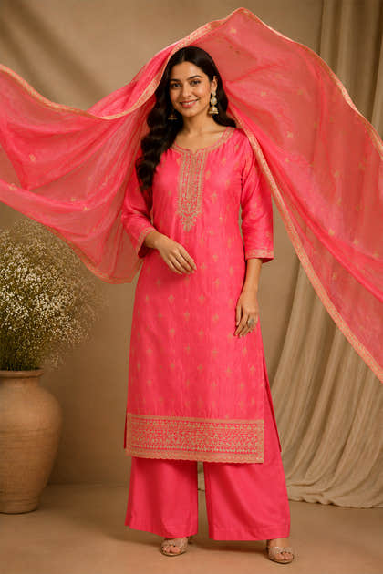 Peach Woven And Embroidered Silk Suit