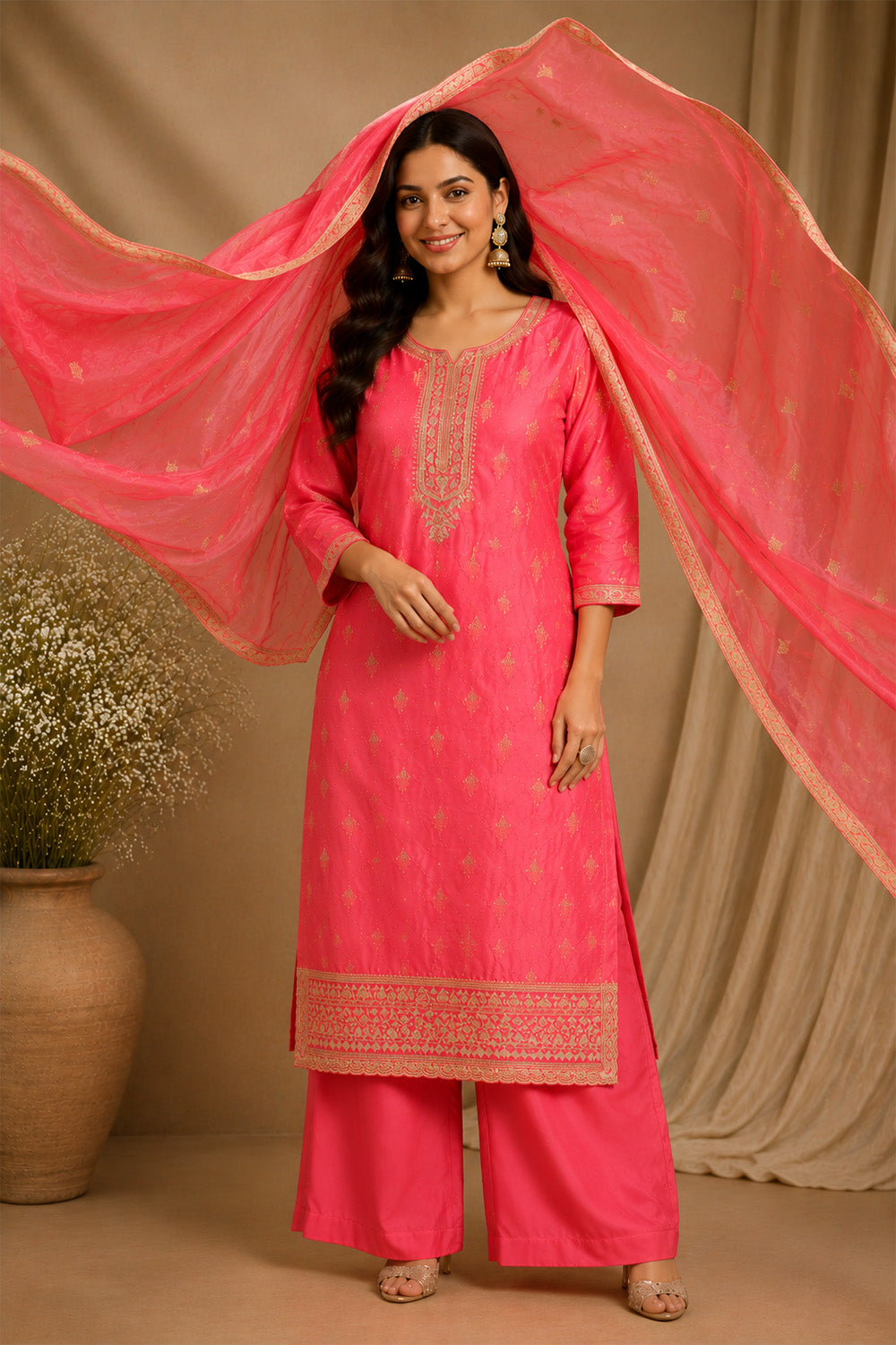 Peach Woven And Embroidered Silk Suit