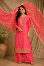 Peach Woven And Embroidered Silk Suit