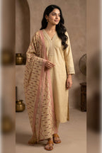 Beige Cotton Embroidered And Lace Work Suit Set