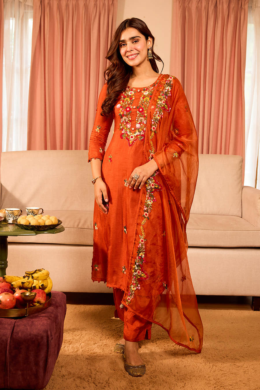 Rust Floral Hand-Embroidered Silk Straight Suit