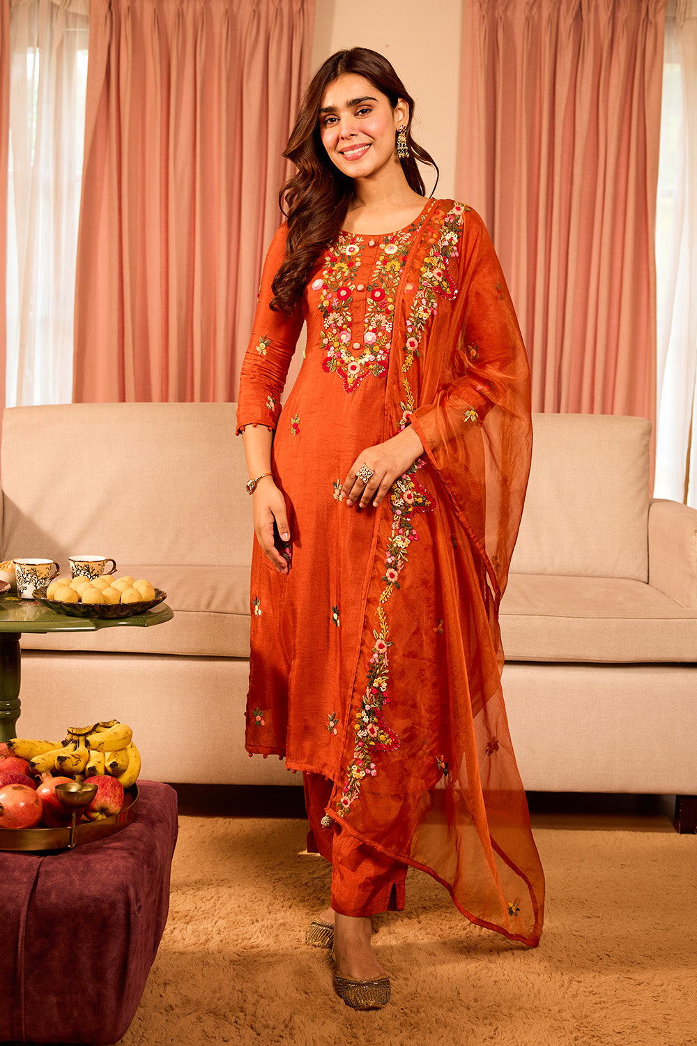 Rust Floral Hand-Embroidered Silk Straight Suit