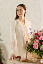 Cream Chanderi Cotton Floral Embroidered Suit