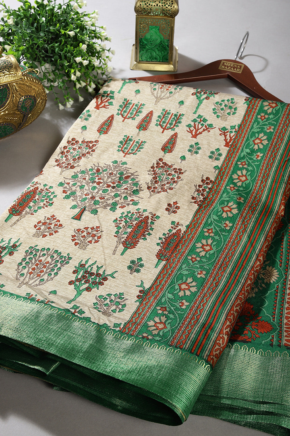 Beige & Green Color Tree-Like Structures Printed Tussar Silk Saree