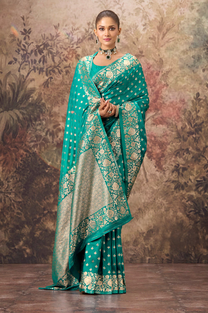 Teal Charmeuse Silk Zari Woven Saree