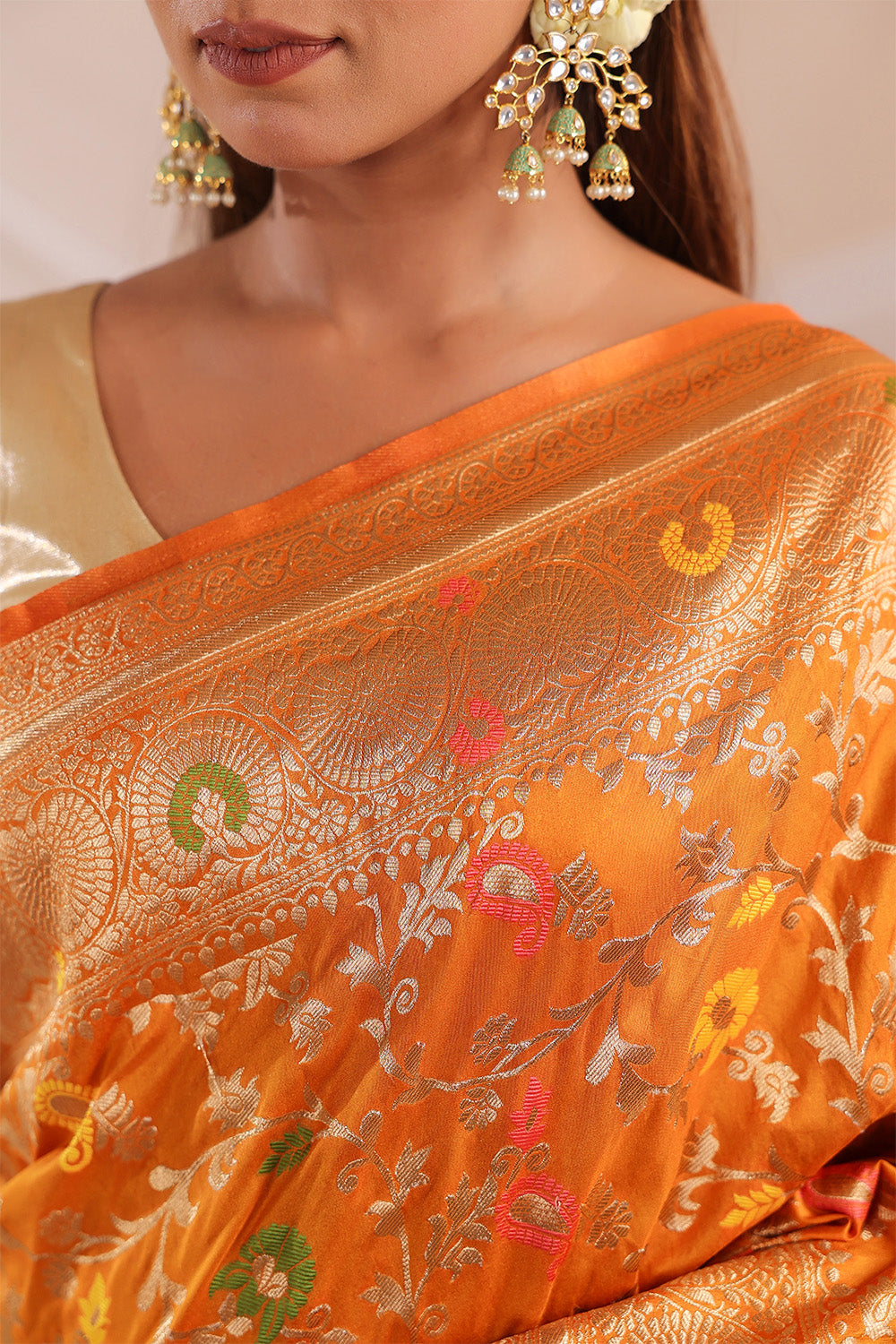 Mustard Resham & Zari Floral Woven Silk Saree