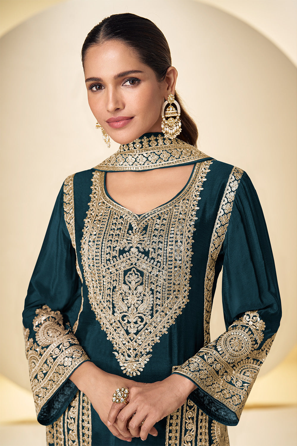 Crepe Silk Zari And Sequins Embroidered Suit Set