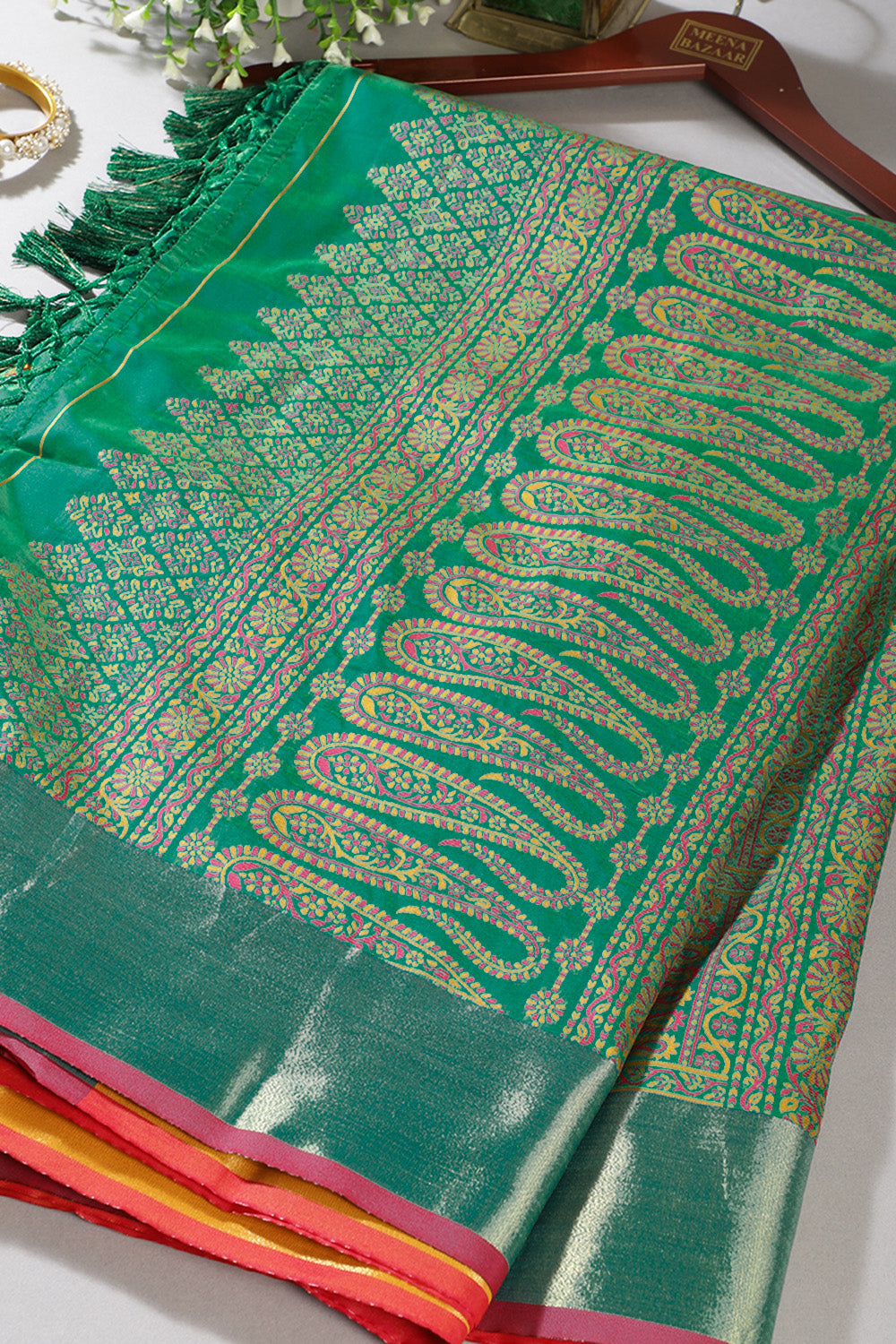 Lemon Yellow & Teal Green Silk Resham And Zari Woven Saree