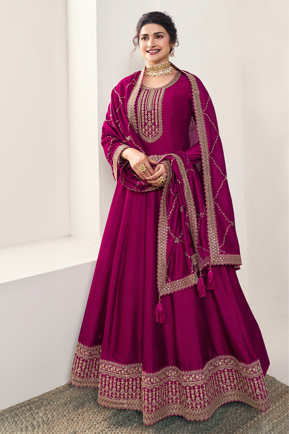 Magenta Color Silk Zari Embroidered Semi-Stitched Suit Material